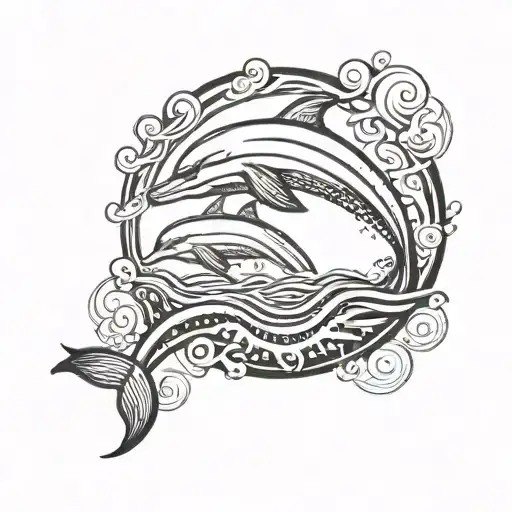 sun with water waves and dolphin black and white tattoo design tattoo design idea