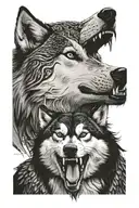 A Siberian husky growling on the upper arm and an eagle below. All filled by Maori in the empty spaces tattoo design idea