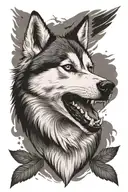 A Siberian husky growling on the upper arm and an eagle below. All filled by Maori in the empty spaces tattoo design idea