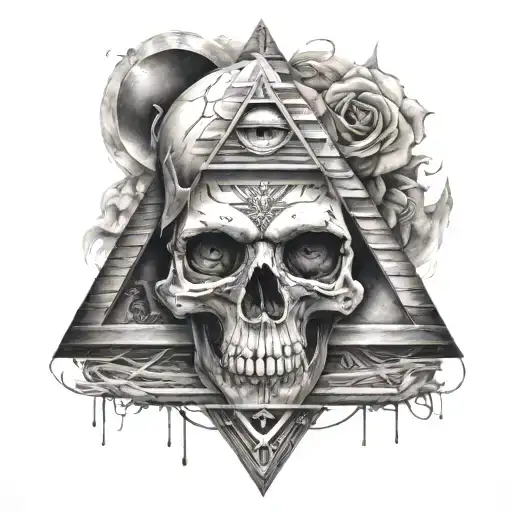 skull with a realistic eye inside surrounded by a pyramid tattoo design idea