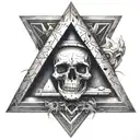 skull with a realistic eye inside surrounded by a pyramid tattoo design idea