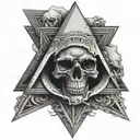 skull with a realistic eye inside surrounded by a pyramid tattoo design idea