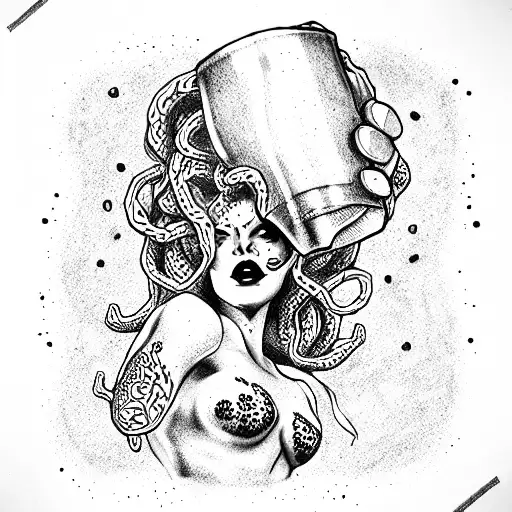 medusa holding up a mug of beer tattoo design idea
