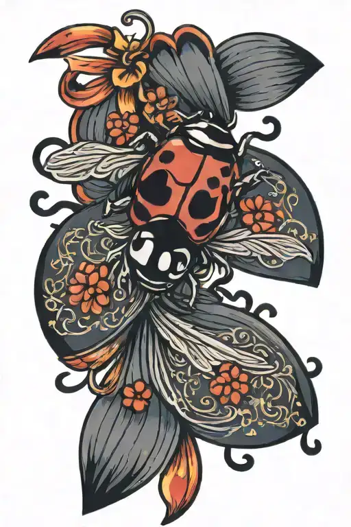 Ladybug flying with ribbon tattoo design idea
