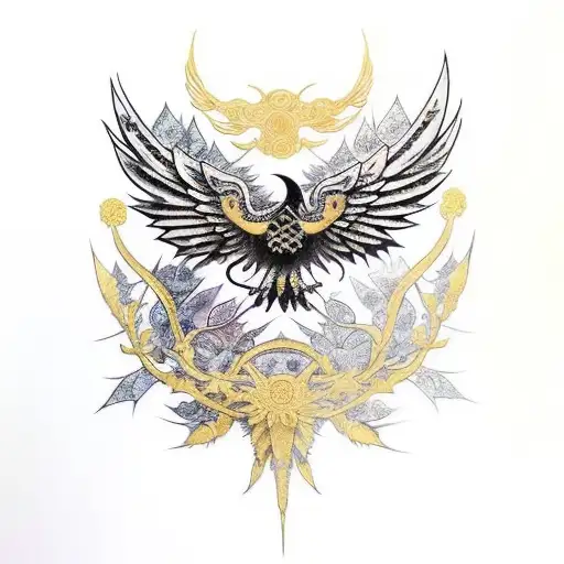 Raven bound in thorns and vines clad in golden feathers and wings like an angel tattoo design idea