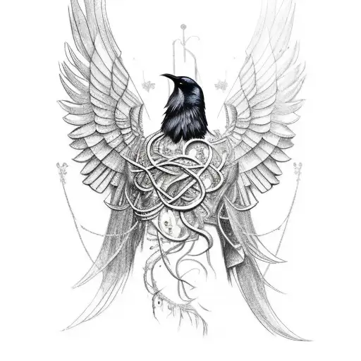 Tattoo of a raven clad in golden wings bound to the ethereal world by vines  tattoo design idea