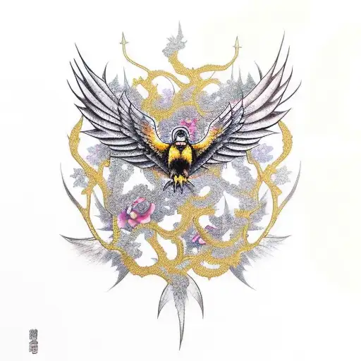 Raven bound in thorns and vines clad in golden feathers and wings like an angel tattoo design idea