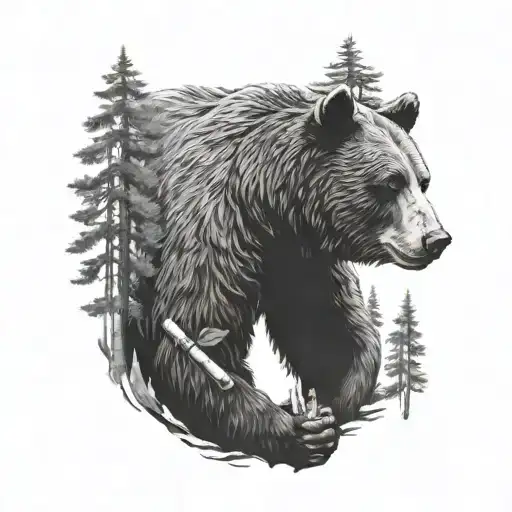 forest and bear with a cigarette tattoo design idea