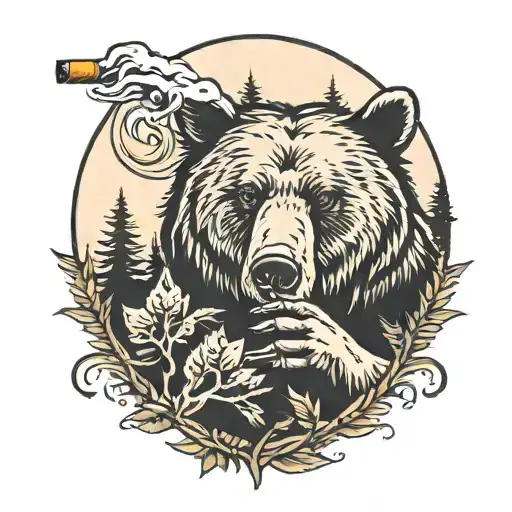 forest and bear with a cigarette tattoo design idea