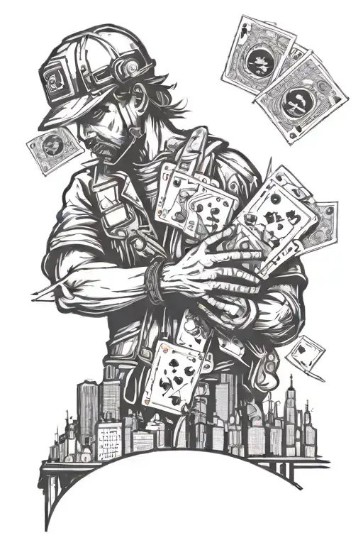 Incorporate a steel worker silhouette holding a hand of cards in front of a New York City backdrop, representing hard work and play tattoo design idea