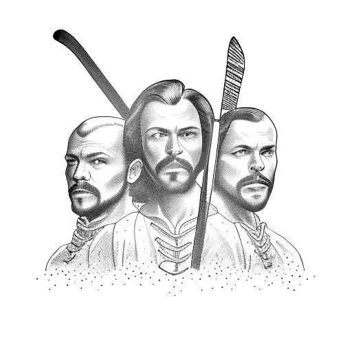 A minimalist tattoo of the Three Musketeers holding hockey sticks instead of swords tattoo design idea