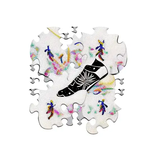 A dancer silhouette filled with pieces of a jigsaw puzzle, with a bee and a butterfly semicolon hidden within the design tattoo design idea