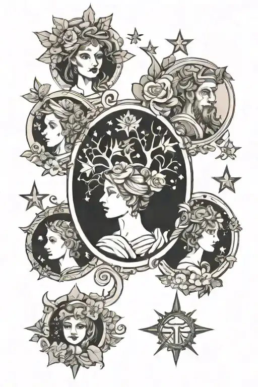 father virgo, mother libra, eldest daughter aquarius, little daughter Sagittarius, with four star and family tree tattoo design idea