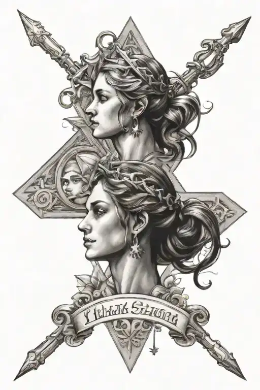 father virgo, mother libra, eldest daughter aquarius, little daughter Sagittarius, with four star and link together. tattoo design idea