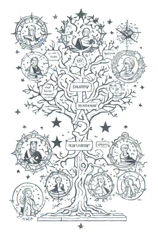 father virgo, mother libra, eldest daughter aquarius, little daughter Sagittarius, with four star and family tree tattoo design idea