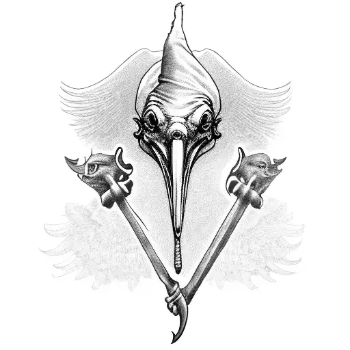 Plague doctor with a shoebill stork's head with a scythe tattoo design idea