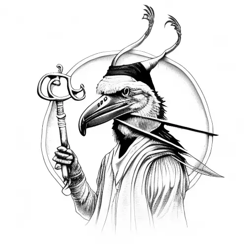 Plague doctor with a shoebill stork's head with a scythe tattoo design idea