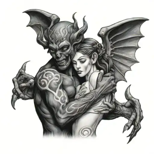 an godess hug a black demon tattoo design idea