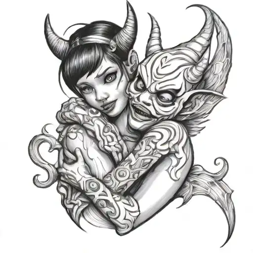 a girl hug a black devil tattoo design idea