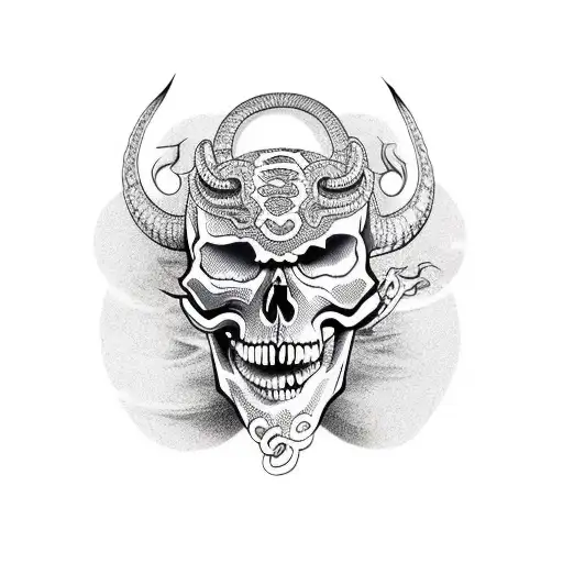 Skull, Oni mask, snake, death tattoo design idea