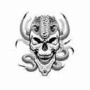 Skull, Oni mask, snake, death tattoo design idea