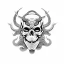Skull, Oni mask, snake, death tattoo design idea
