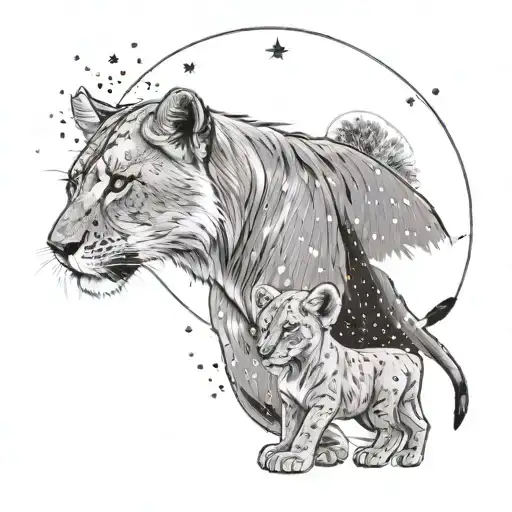 A lioness and cub under a starry night sky full moon tattoo design idea