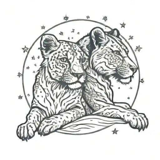 A lioness and cub under a starry night sky full moon tattoo design idea