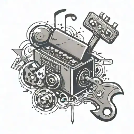 Design a tattoo featuring a combination of gaming symbols, woodworking tools and music notes tattoo design idea
