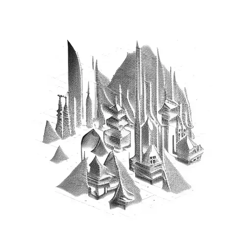 Combine the elements of metal music and mid-eval wood carving with scenes of a mideval city in battle in a tattoo design tattoo design idea