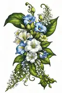 primrose, lily of the valley, and morning glory bouquet tattoo design idea