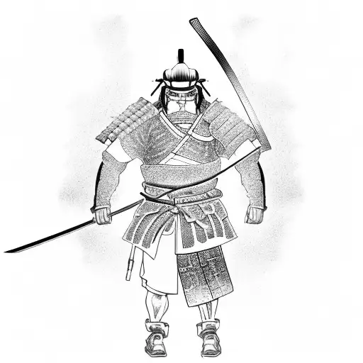 A samurai warrior welding a sword in a garage tattoo design idea