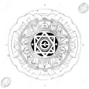 A mesmerizing mandala design incorporating F1 car parts and symbols tattoo design idea