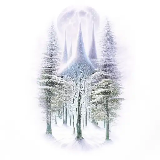 A realistic depiction of a magical forest with hidden book-shaped doors leading to different fantasy worlds tattoo design idea