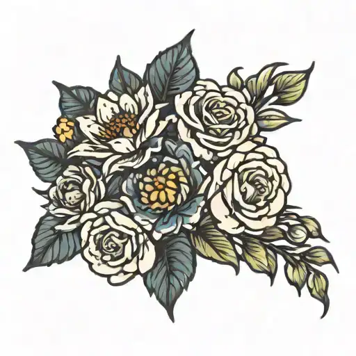 A flower bouquet with an aster flower, a rose, a daisy, a gladiolus, 4 daffodils, and a carnation  tattoo design idea