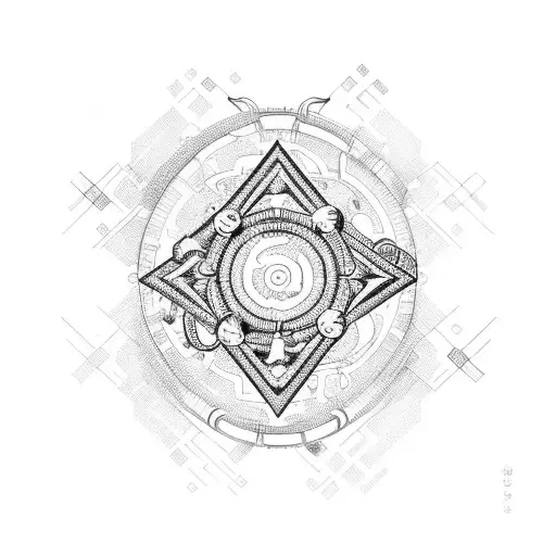 A stylized train with tracks forming a serotonin molecule in its path tattoo design idea