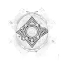 A stylized train with tracks forming a serotonin molecule in its path tattoo design idea