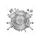 A stylized train with tracks forming a serotonin molecule in its path tattoo design idea