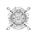 A stylized train with tracks forming a serotonin molecule in its path tattoo design idea