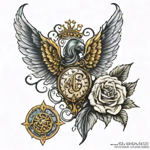 alas de ángel con una aureola y las iniciales M y A  tattoo design idea