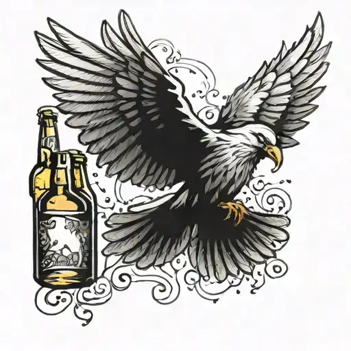 A detailed design of a bird in flight with beer bottles and musical notes as the backdrop, born in year 1990 and to life tattoo design idea