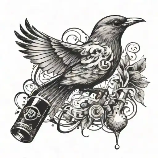 A detailed design of a bird in flight with beer bottles and musical notes as the backdrop, showcasing your favorite things and passions tattoo design idea