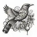 A detailed design of a bird in flight with beer bottles and musical notes as the backdrop, showcasing your favorite things and passions tattoo design idea