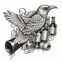 A detailed design of a bird in flight with beer bottles and musical notes as the backdrop, showcasing your favorite things and passions tattoo design idea