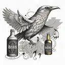 A detailed design of a bird in flight with beer bottles and musical notes as the backdrop, showcasing your favorite things and passions tattoo design idea