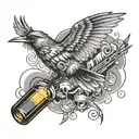 A detailed design of a bird in flight with beer bottles and musical notes as the backdrop, showcasing your favorite things and passions tattoo design idea