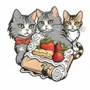 Grey shorthair cat, grey and white longhair cat and a calico circling a good humor strawberry shortcake ice cream bar  tattoo design idea
