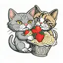Grey shorthair cat, grey and white longhair cat and a calico circling a good humor strawberry shortcake ice cream bar  tattoo design idea