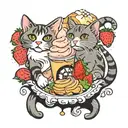 Grey shorthair cat, grey and white longhair cat and a calico circling a good humor strawberry shortcake ice cream bar  tattoo design idea
