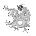 chinese dragon wispy, whimsical, black and grey, fine line work, black paint strokes, floral, vines tattoo design idea